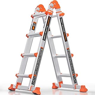 KINGRACK Ladder, A Frame 4 Step Extension Ladder, 14 Ft Anti-Slip Multi Position Ladder with Stabilizer Bar, 330 lbs Security Load Telescoping Aluminum Ladders for Stairs Home Outdoor Roof Work