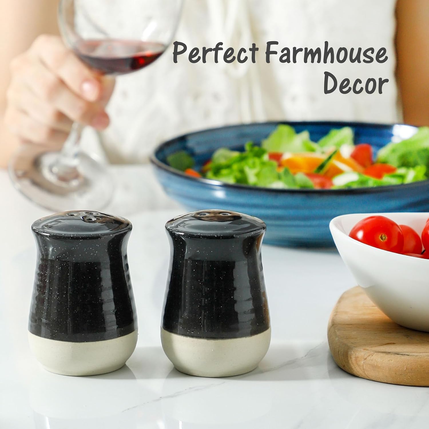 Hasense Salt and Pepper Shakers Set, Ceramic Salt Pepper Shaker for Kitchen, Black Farmhouse Decor Salt Container, Perfect for Cooking, Dining, Camping, BBQ