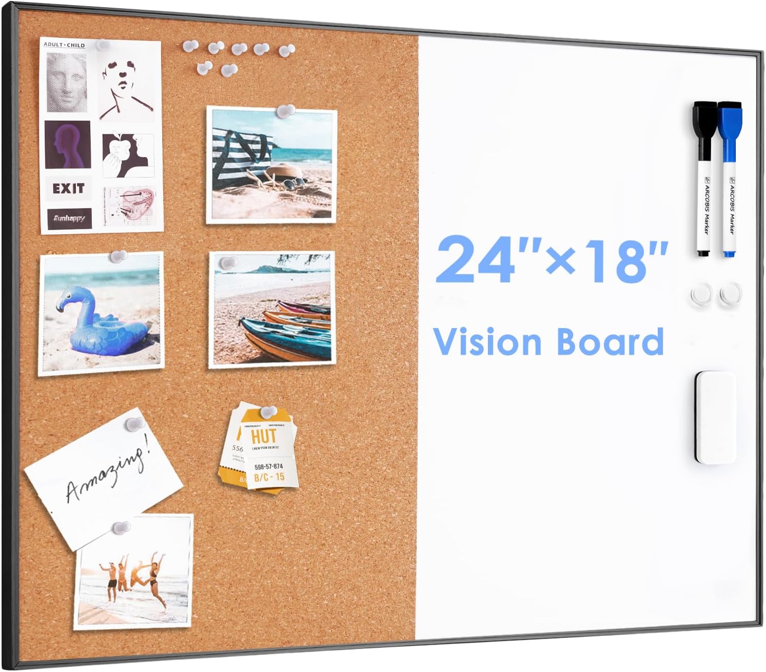 ARCOBIS Cork Board White Board Combo, 24 x 18 Inch Bulletin Board-Gold Frame, Magnetic Dry Erase Board & Corkboard for Wall, Vision Board for Home, Office, School
