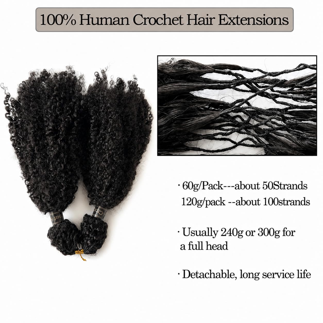 Kinky Curly Crochet Human Hair Extensions Pre-Separated Crochet Hair Multi-Textured Kinky Curly Reusable Micro Twists 20inch 120g (Usually 240g Full Head) Natural Black image 3