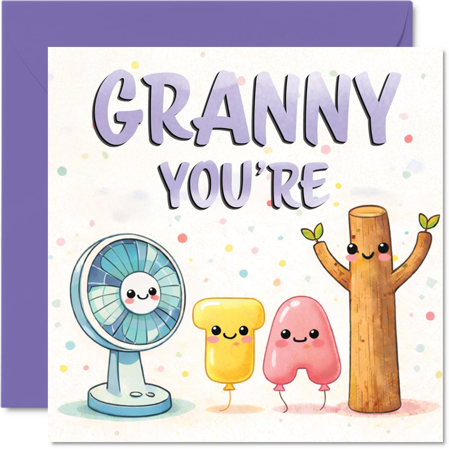 Cute Birthday Card for Granny - Whimsical Fun for Granny - Playful Cartoon Characters in Cheerful Pastel Purples, Mothers' Day - 145mm Square, Envelope Included