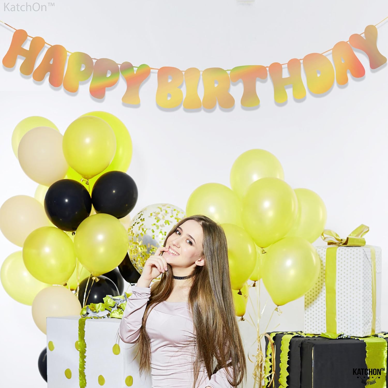 KatchOn, Iridescent Gold Happy Birthday Banner - Prestrung, 10 Feet | Shiny Happy Birthday Banner Gold for Gold Happy Birthday Decorations | Iridescent Party Decorations