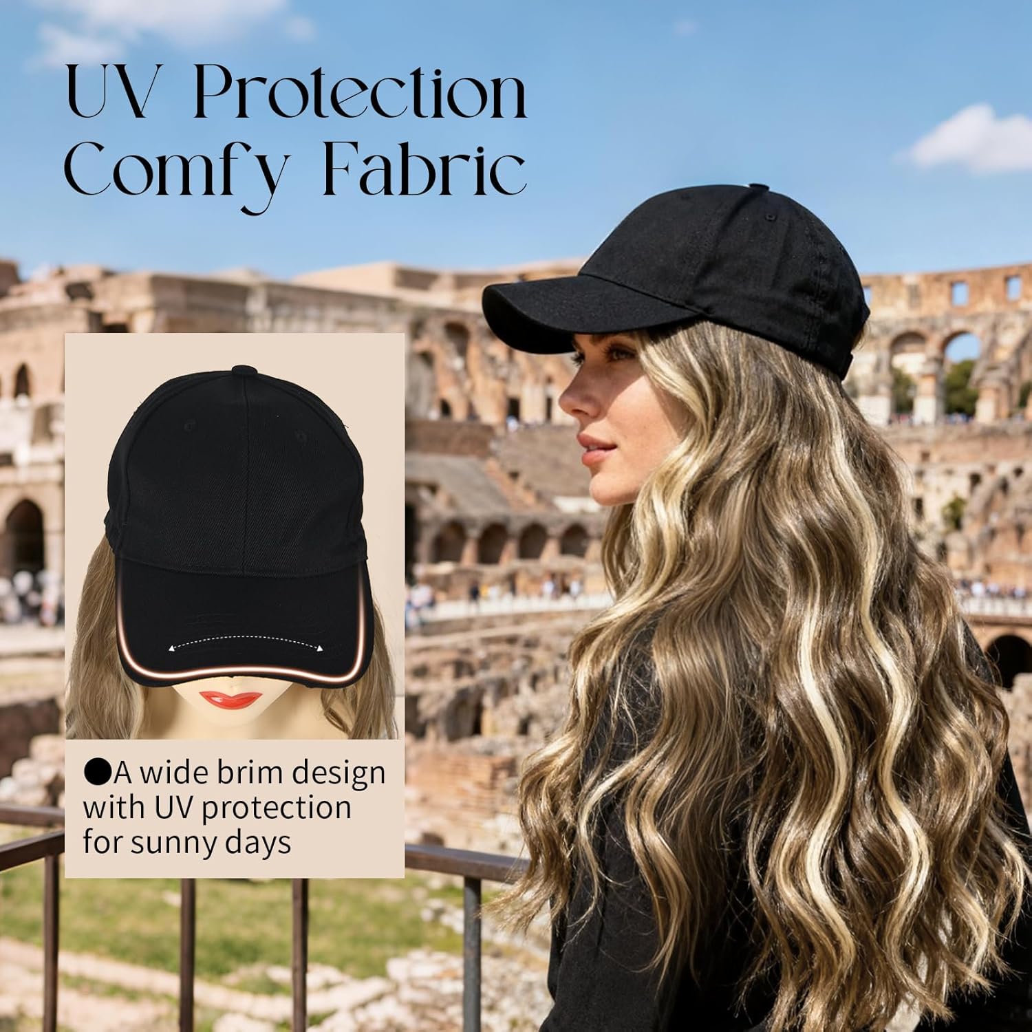 Onedor Hat Wig for Women Baseball Cap with Hair Extensions 20 Inch Long Wavy Synthetic Wig Hat Adjustable Hat with Wig Attached for Daily Wear(16H613)