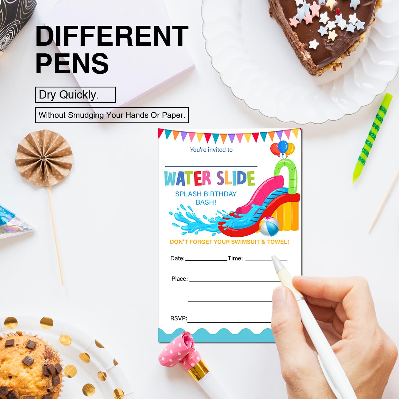 20 Einladungskarten Mit Umschlägen - Sommer Poolparty & Wasserrutsche Thema