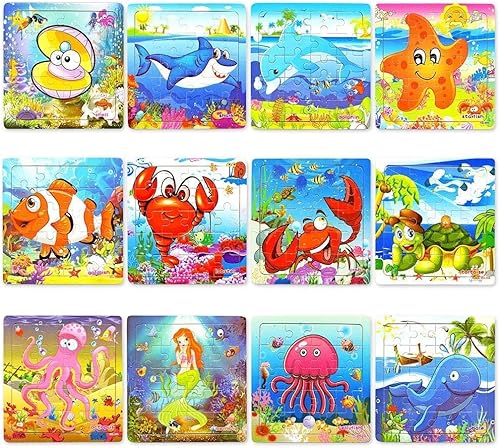 Miniatura 2 de Paquete de 12 rompecabezas de madera fáciles para niños de 4 a 8 años, animales marinos pequeños de verano para niños y niñas, rompecabezas de viaje
