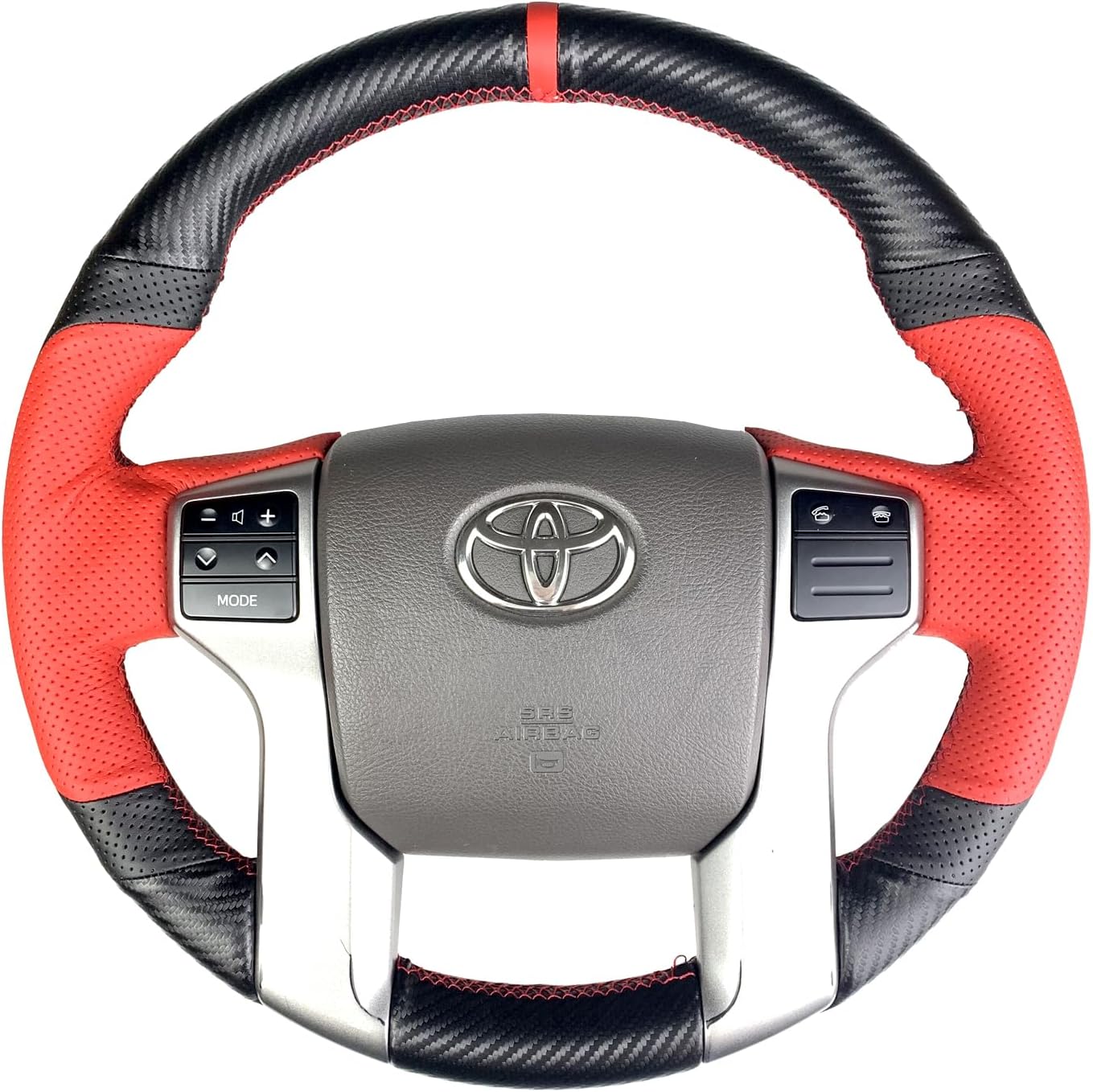 Hand-Stitch Wheel Wrap Side Red Perforated Leather&Matte Black Carbon Fiber Steering Wheel Cover for Toyota Tacoma 2012-2021 / 4Runner 2010-2021 / Tundra Sequoia 2014-2021 (Matte Carbon Fiber)