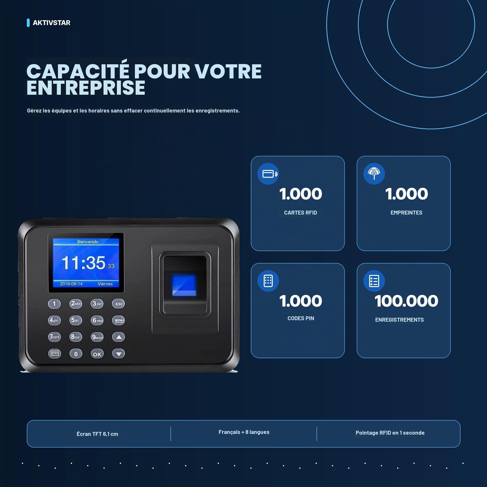 Aktivstar Contrôle horaire des employés, machine à signer avec écran LCD, clé USB de 8 Go, machine d'assistance biométrique, horloge de signature RFID, empreinte et code PIN comprend 12 cartes pour