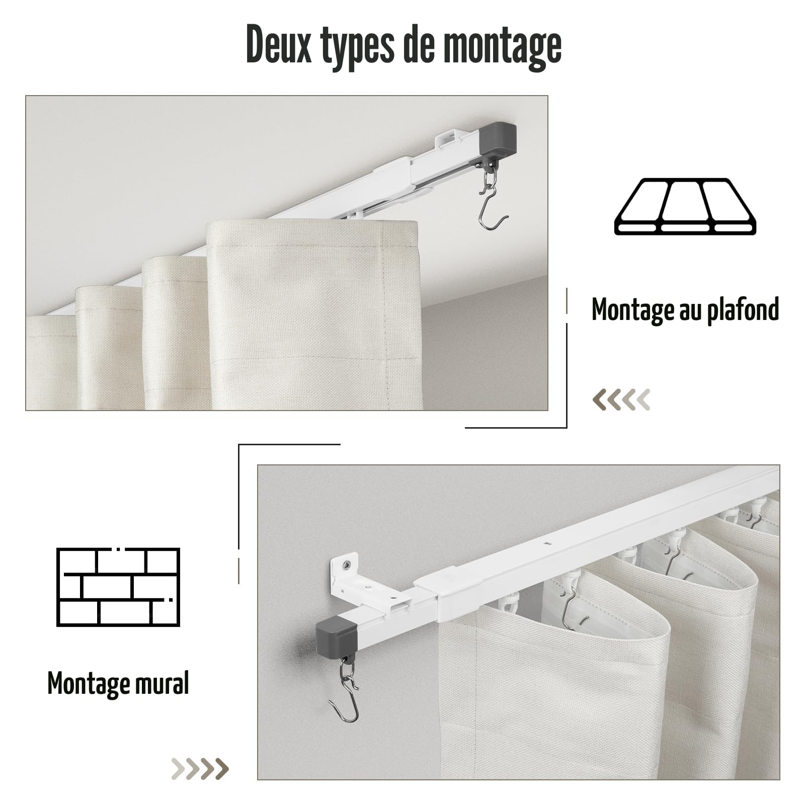 Tringle à rideau rétractable 85-150cm, tringle à plafond en aluminium, kit de tringles silencieuses, tringle à rideau de séparation pour les fenêtres et les pièces, Blanc
