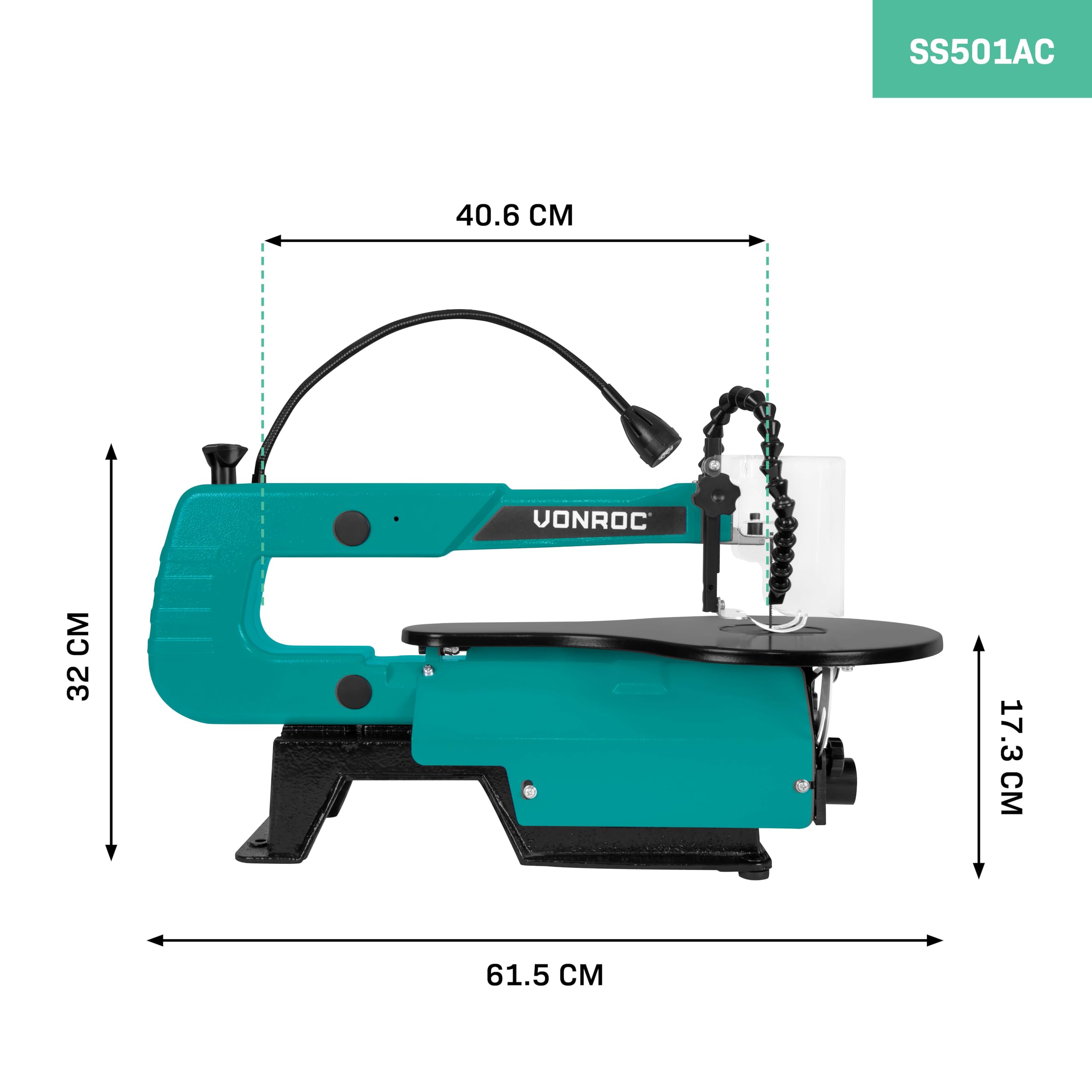 VONROC Sega da Traforo 120W - Incl. 6 Lame, Pedale, LED, Soffiaggio Polvere - Per Legno, Metallo, Plastica