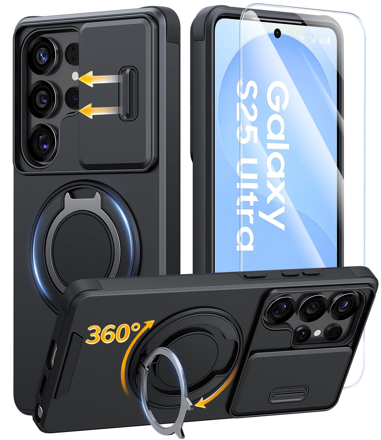 JAME for Samsung Galaxy S25 Ultra Case with Ring Stand & Slide Camera Cover Galaxy S25 Ultra Black