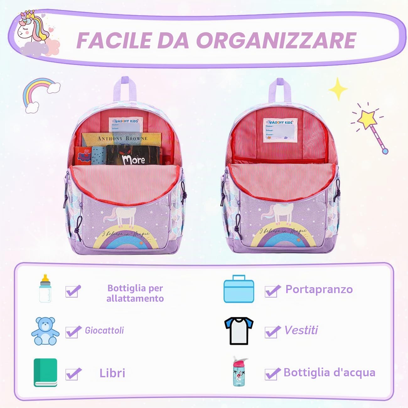 VASCHY Zaino Bambina, Zainetto Bambina Zainetto Asilo Bambino Zaino Scuola Elementare con Fascia Toracica Zaino Bimba Leggera Regalo Bimba 2-8 Anni Zaino da Viaggio/Campeggio