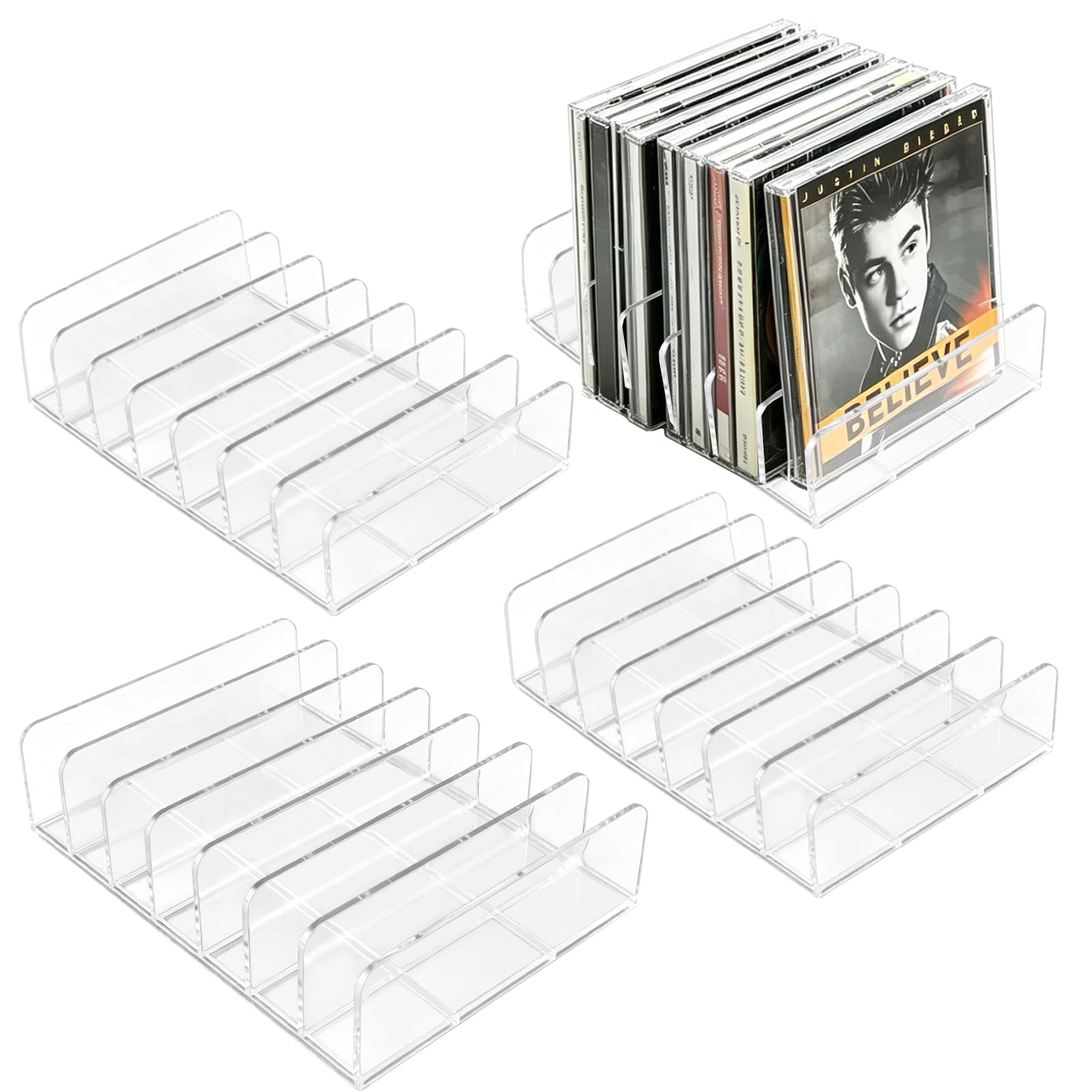 Porta-CD Trasparente in Acrilico Premium, Set da 4 Pezzi, Organizzatore Multiuso per CD, DVD, Cosmetici, Cassette, Giochi e Libri - Design Moderno e Resistente per Casa, Ufficio o Collezionisti