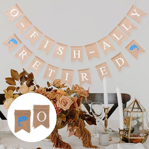 Miniatura 7 de Amosfun Cartel de fiesta de jubilación arpillera O Fish Ally retirado Relajación Fiesta Banner colgante Decoración