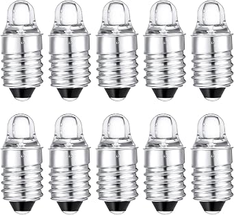Honoson 10 Pieces E10 LED Bulbs 3 Volt Miniature Flashlight E10 Replacement Bulbs Mini Lamps Cool White