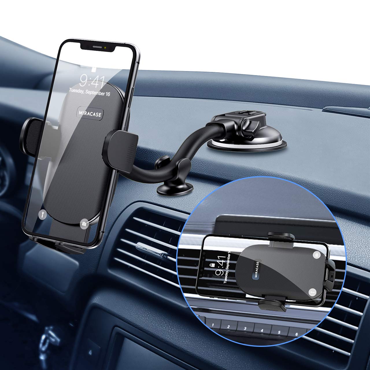 Miracase Phone Holder for Car, 3-in-1 Universal Car Phone Mount Dashboard Windshield Air Vent, Flexible Gooseneck Long Arm, Strong Suction Stabilizer Compatible with iPhone, Samsung and More