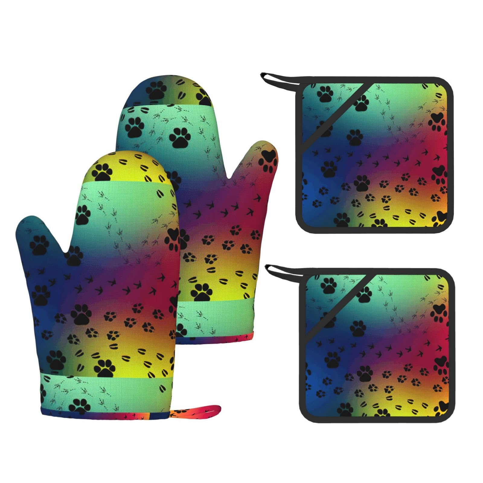 Paw Prints Pattern Printed Potholder and Oven Mitt Set of 4, High Heat Resistant Cooking Gloves for BBQ Grilling