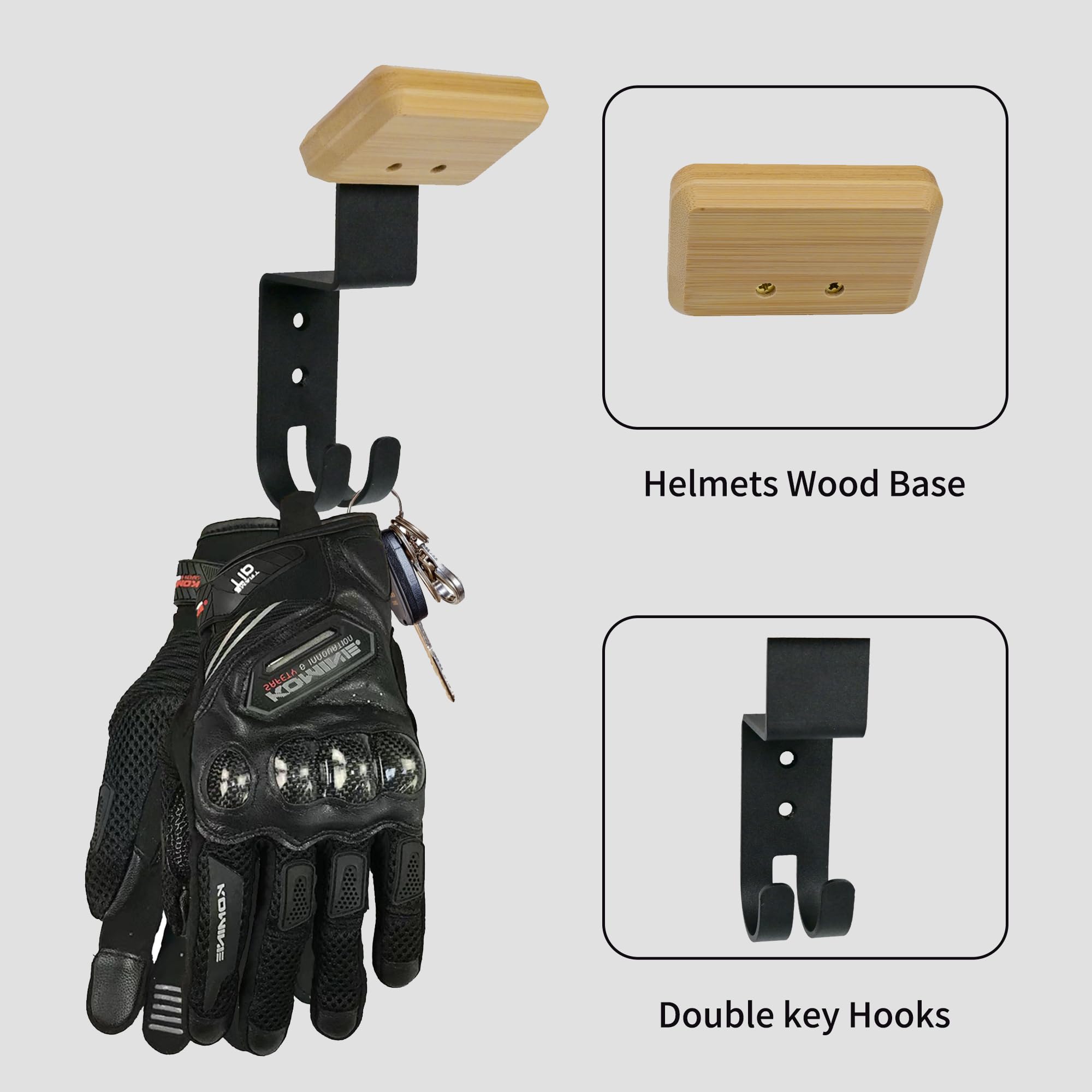 Nuvograin Helmet Holder Wall Mount, Helmet Hanger,Motorcycle Gear Rack with 2 Key Hooks, Constructed with Solid Wood & Strong Steel for Bike Tactical Gear Baseball Football Skiing Helmet