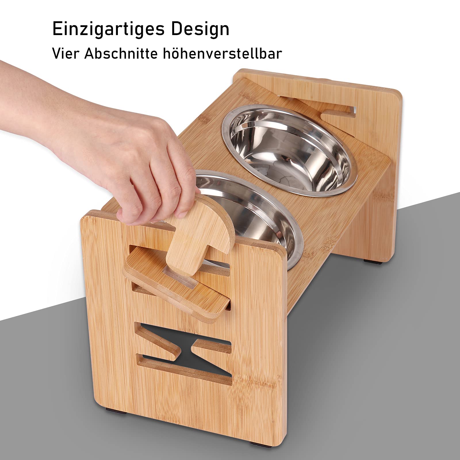 Hundenapf HöHenverstellbar Mit Namen, OXYEFEI Katzennapf ErhöHt Bambus Ergonomischer Futternapf Katze Personalisiert mit Ständer Edelstahlnapf für Haustier