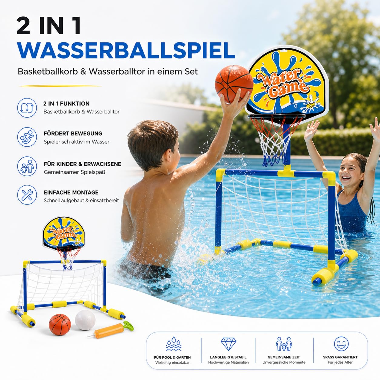 2-in-1 Wasserballspiel für Pool – Basketballkorb & Wasserballtor für Kinder & Erwachsene inkl. Bälle – Wasserspaß für Garten & Pool