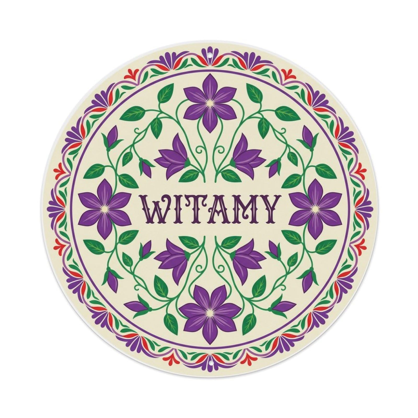 Fyrn Style Metal Tin Sign Vintage Polish Folk Art Witamy Welcome Clematis Purple