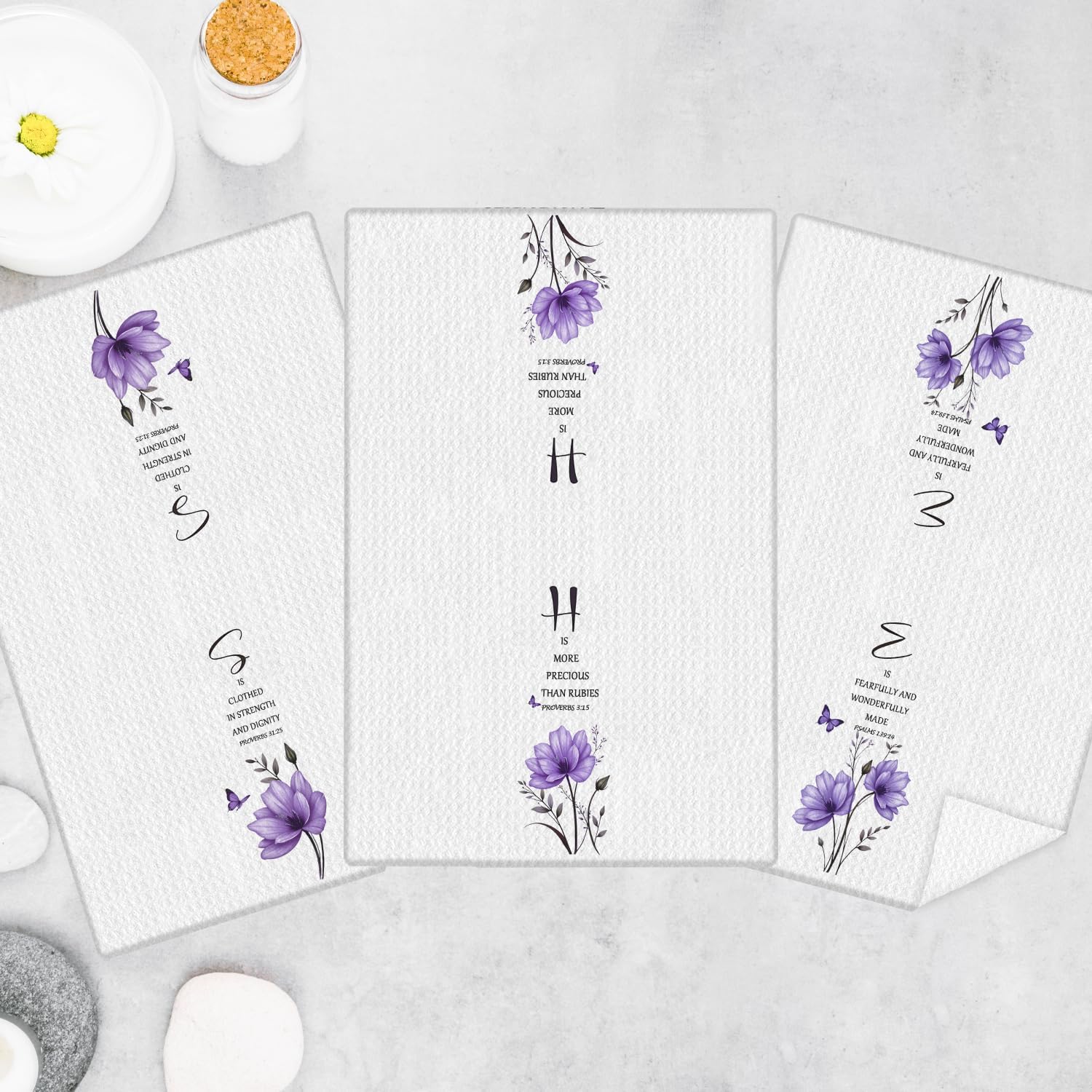 Purple Floral Christian Kitchen Towels, Inspirational Bible Verses Hand Towels for Bathroom Decor, Christian Gifts for Women, Religious Decor Dish Tea Towels for Kitchen, 16x24 Inch Set of 3 - Image 2