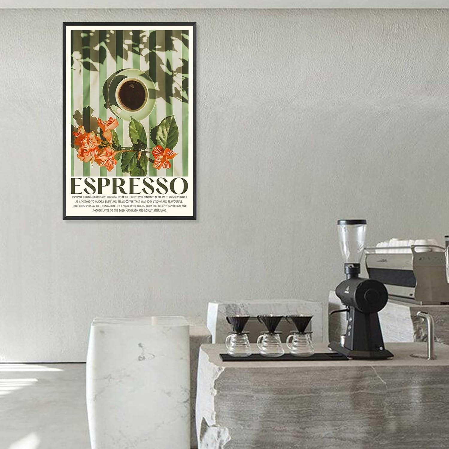Funny Espresso Coffee Poster Trendy Kitchen Canvas Wall Art Green Coffee Cup On Table Floral Aesthetic Prints Painting For Home Bedroom Dorm Bar Cart Wall Decor 8x12in Wframed