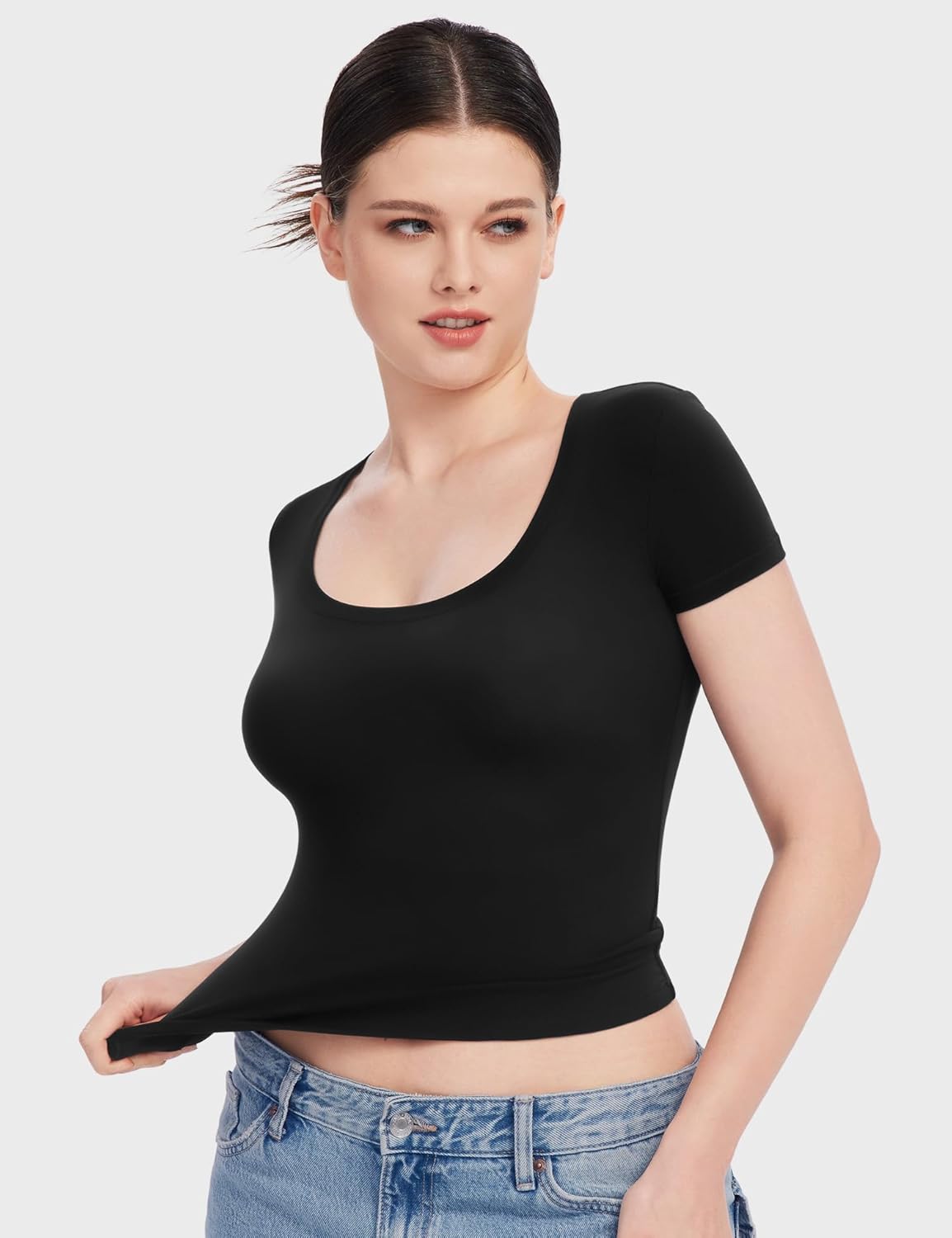 PUMIEY Women's T Shirts Short Sleeve Scoop Neck Basic Going Out Tops Fashion Slim Fit Tee Smoke Cloud Pro Collection - Image 2