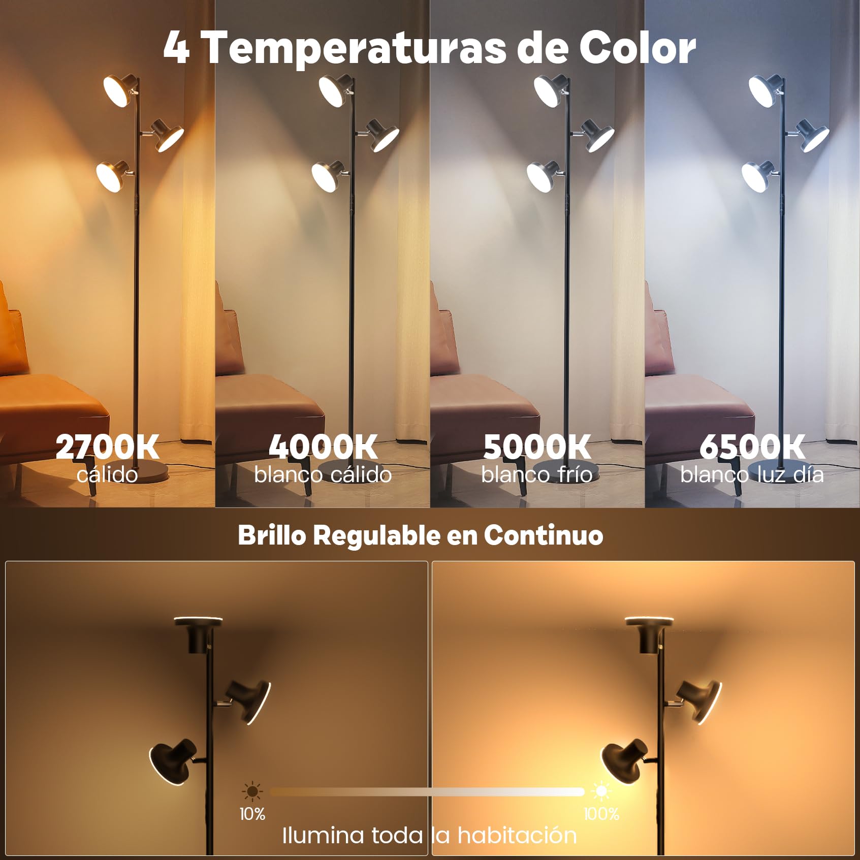SIBRILLE Lampara de Pie Salon 36W/2500LM, Lámpara de Pie LED Regulable con Mando a Distancia & Control Táctil, 4 Temperaturas de Color, 3 Luces Giratorias Luz de Pie para Salón, Habitación y Oficina