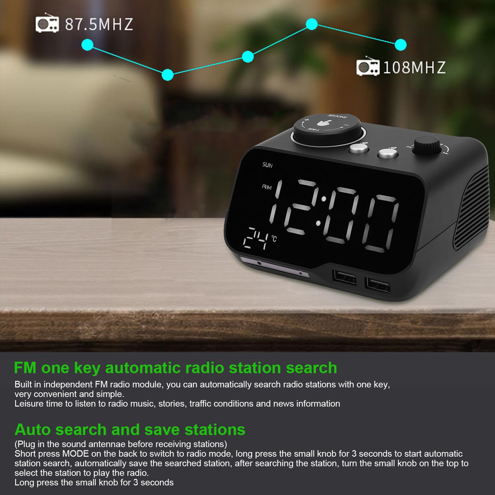 Reloj Despertador Digital con Altavoz Bluetooth 5.0, Radio FM, Alarmas Duales, Pantalla LED para Temperatura y Día Laborable, Brillo Ajustable, para Dormitorio Oficina (Enchufe de la UE)