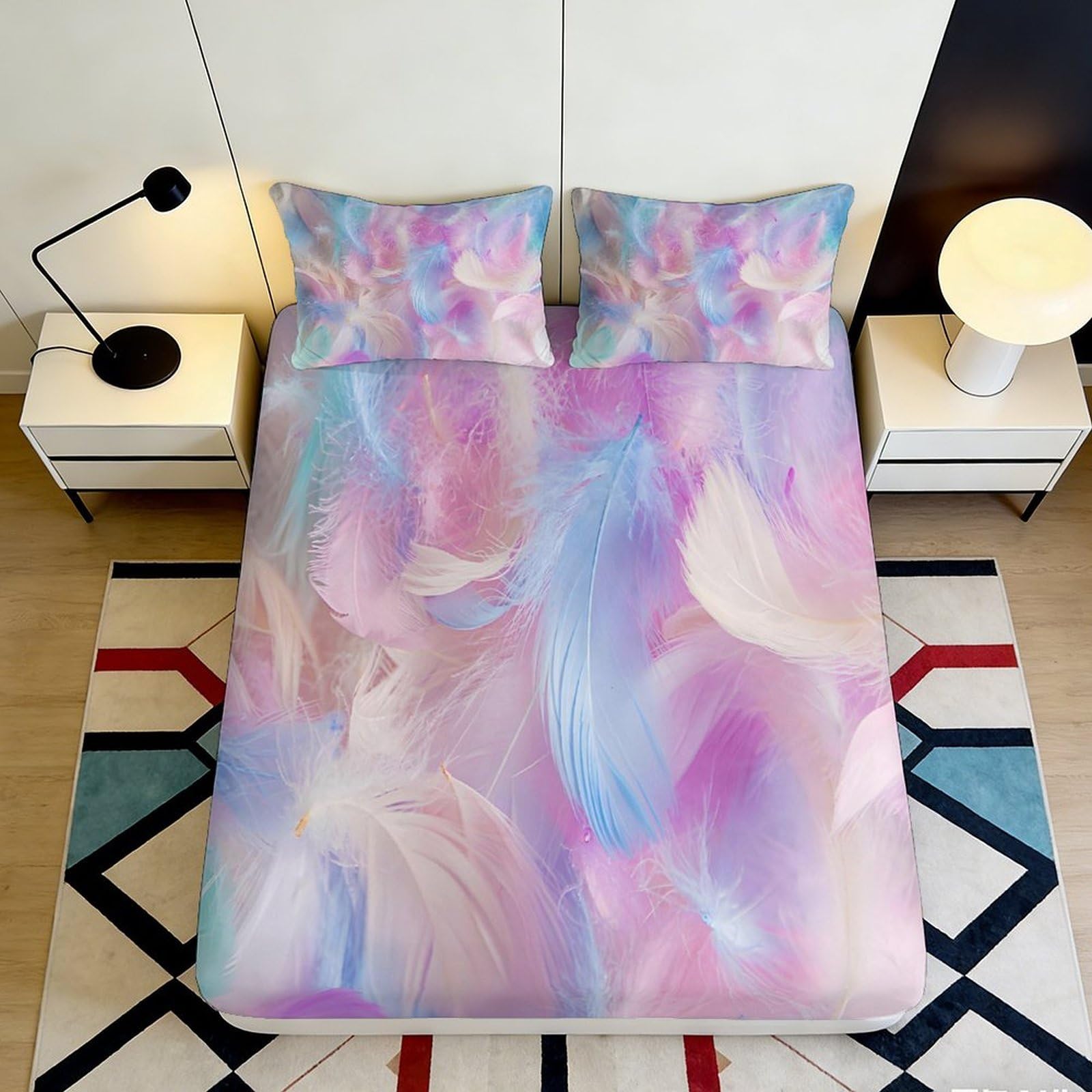 3D Printed Feather Fitted Sheet Microfiber Bedroom Deep Pocket Non-Slip Full Wrap Feather Mattress Fitted Cover Washable for Adults Teens 160x200x25cm