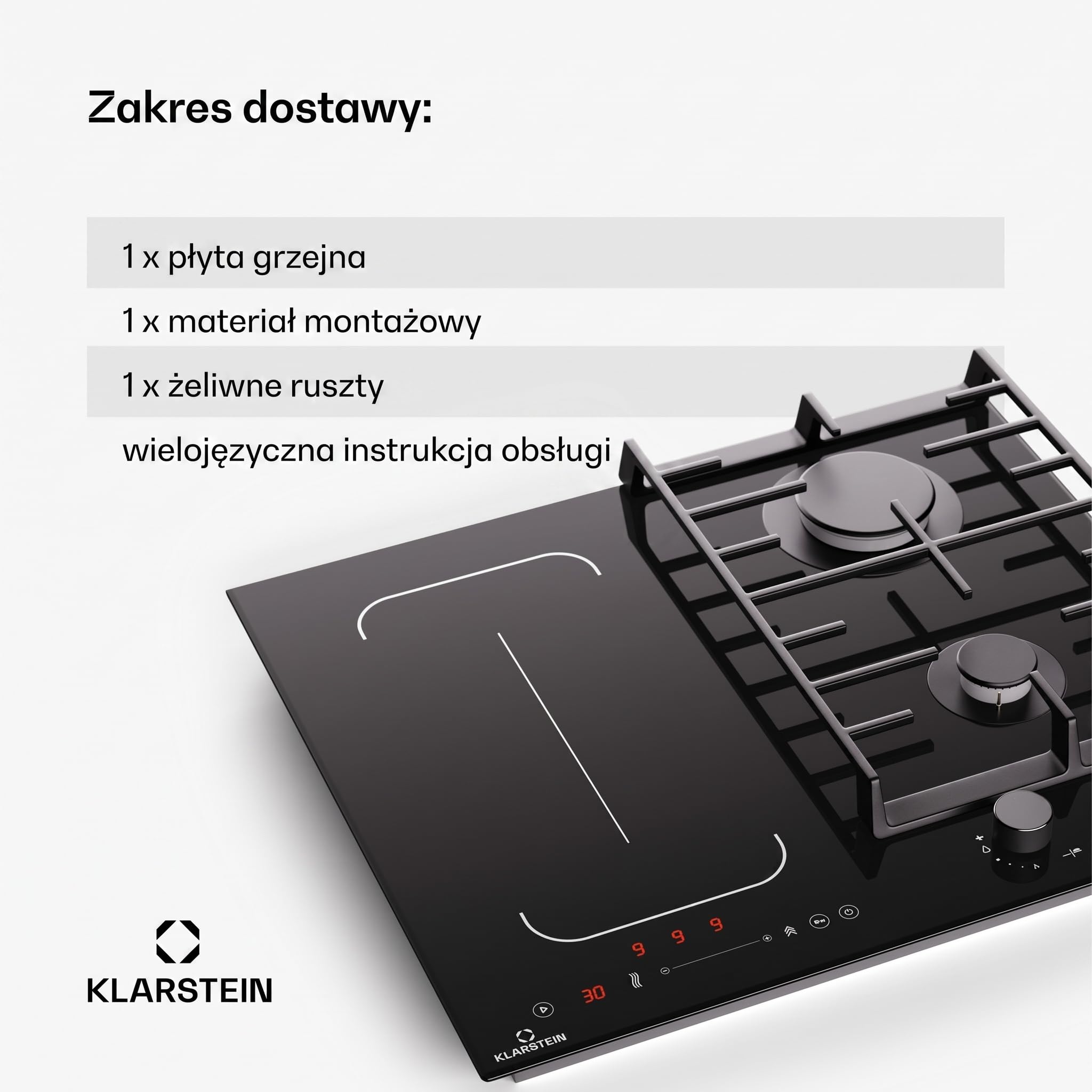 Klarstein MultiChef 4 Płyta indukcyjna z płytą gazową - 4-strefowa Flexzone, 2 palniki gazowe i 2 indukcyjne, 7 kW, suwak, Stop&Go, Timer, żeliwo, Czarny