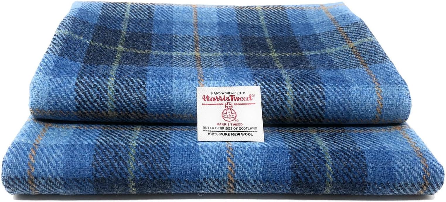 Traditional Harris Tweed Pure Wool Woven Fabric with Authenticity Labels (Blue Tartan, 25 x 30cm)