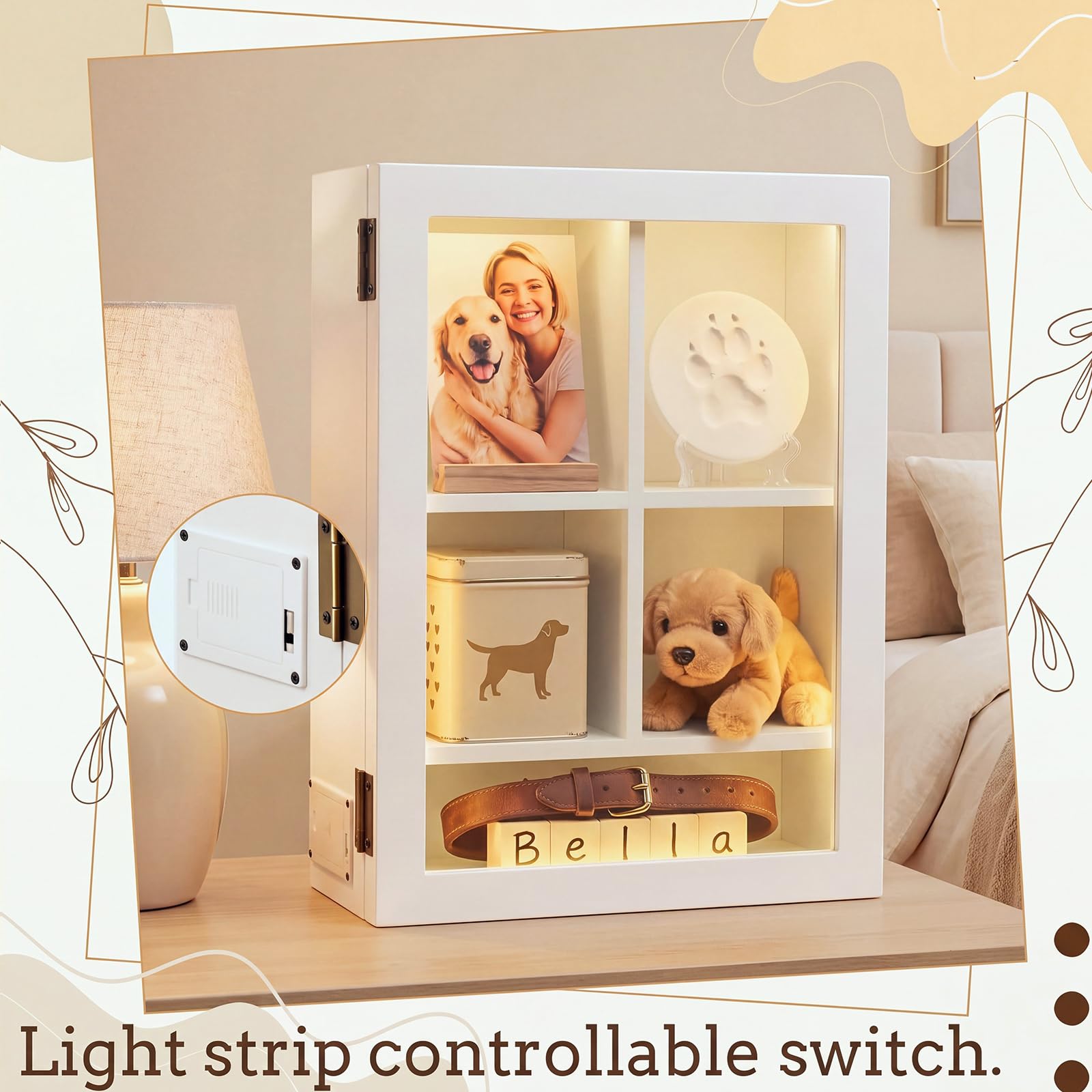 Hoteam Gedenk-Schattenbox für Haustiere, mit Licht, 30,5 x 40,6 cm, 11,4 cm, mit Regalen, personalisierter Andenkenrahmen für Hunde- und Katzenliebhaber, Haustier-Gedenkverlust, Trauergeschenk (weiß)