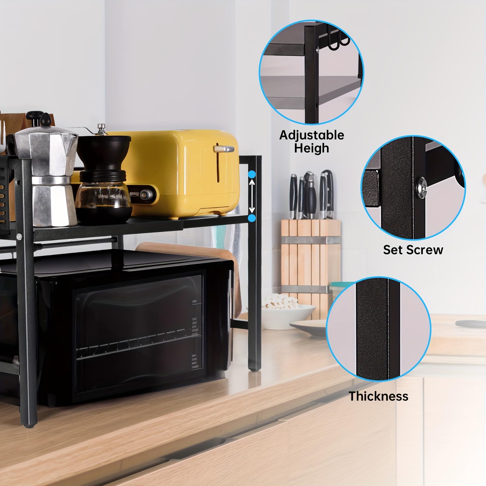 Scaffale per microonde, supporto da cucina espandibile con porta accessori, ripiano telescopico in acciaio al carbonio, nero, organizer per microonde e utensili da cucina, ideale per cucine
