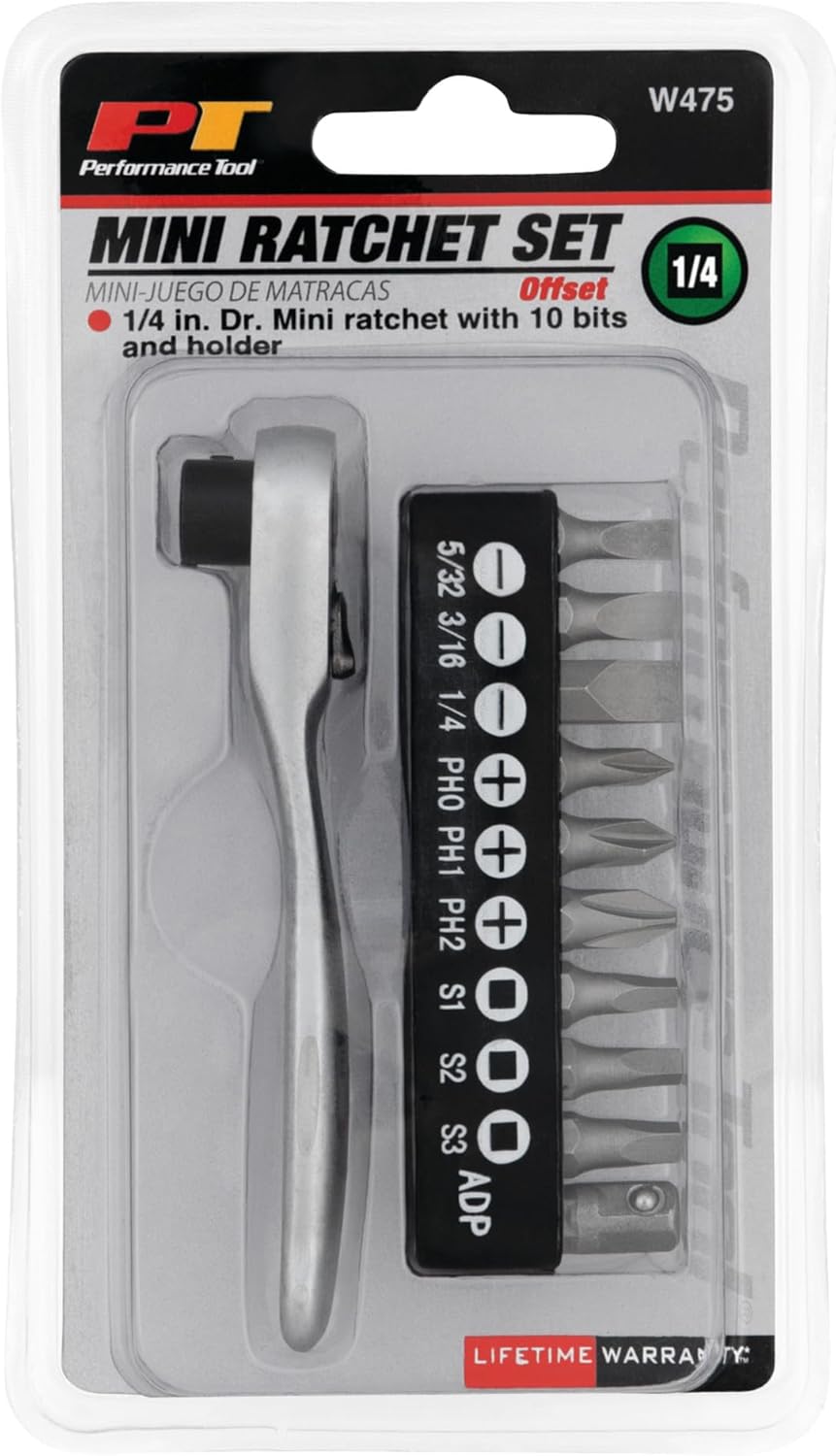 Performance Tool W475 1/4-Inch Drive Compact Dual-Drive Ratchet with 10-Piece Bit Set and Holder - Chrome Vanadium Steel with 72 Gear Teeth