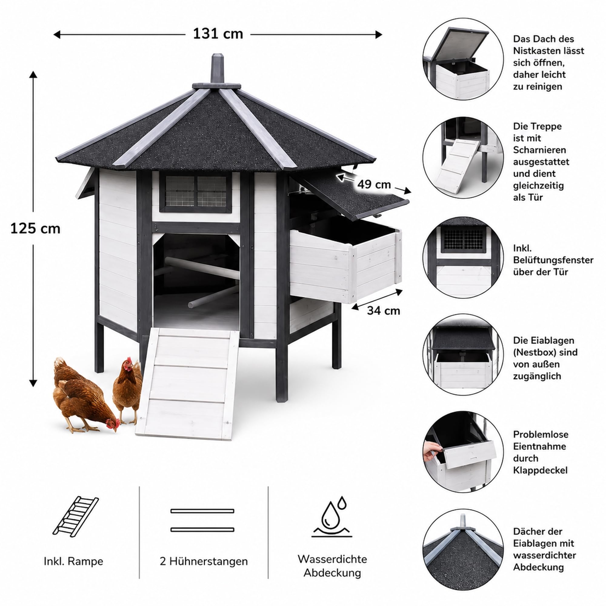 Mucola Hühnerstall Hühnerhaus 6-Eck mit Nestbox 131x125 cm Fichtenholz Grau | Geflügelstall wetterfest, 5-8 Hühner, Enten, wasserdichte Dachpappe, Legenest mit Klappdeckel, erhöhter Boden, inkl. Rampe