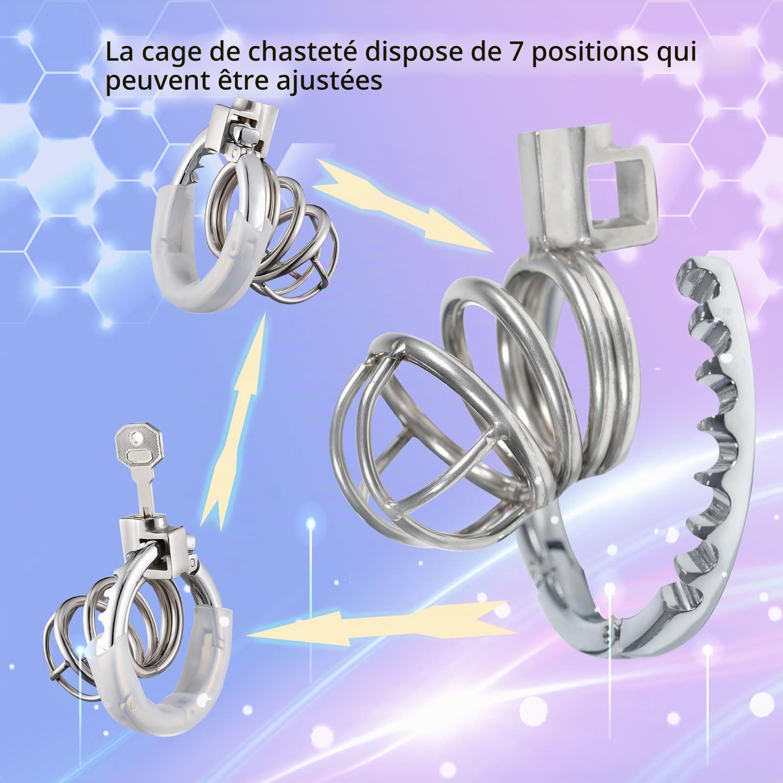 Cage de Chasteté en Métal Les Anneaux de La Cage à Pénis est Réglable en 7 Tailles (Diamètre : 42 mm ~ 62.5 mm) Chastity Cage pour Les Jouets Sexuels Masculins pour L'attachement du Pénis (Fretwork)