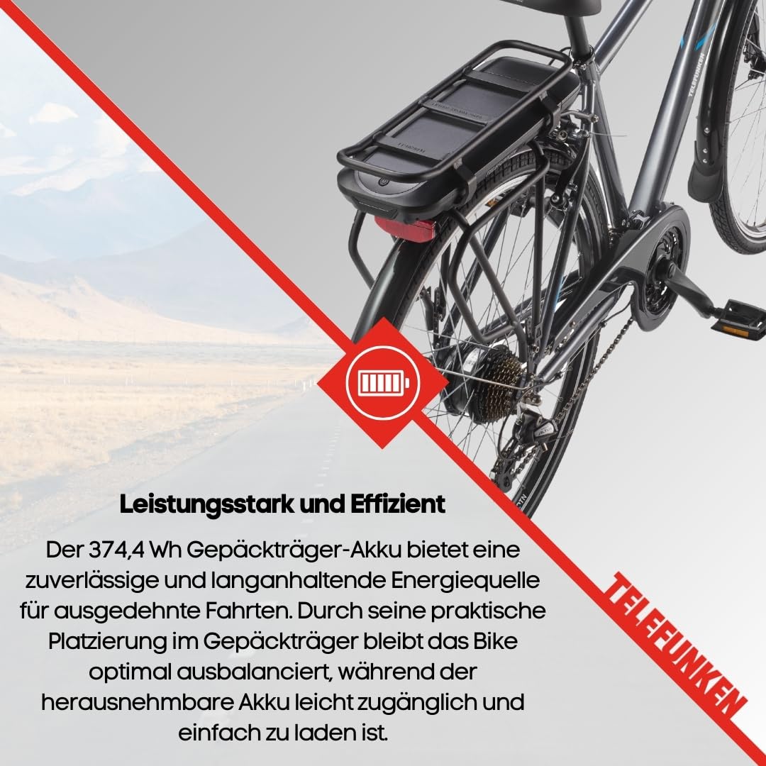 TELEFUNKEN E-Bike 28 Zoll für Damen & Herren | Trekking-Fahrrad mit 21-Gang Kettenschaltung | Elektrofahrrad mit 250W Hinterradmotor und Li-Ion-Akku | Pedelec mit V-Bremsen und LED-Beleuchtung