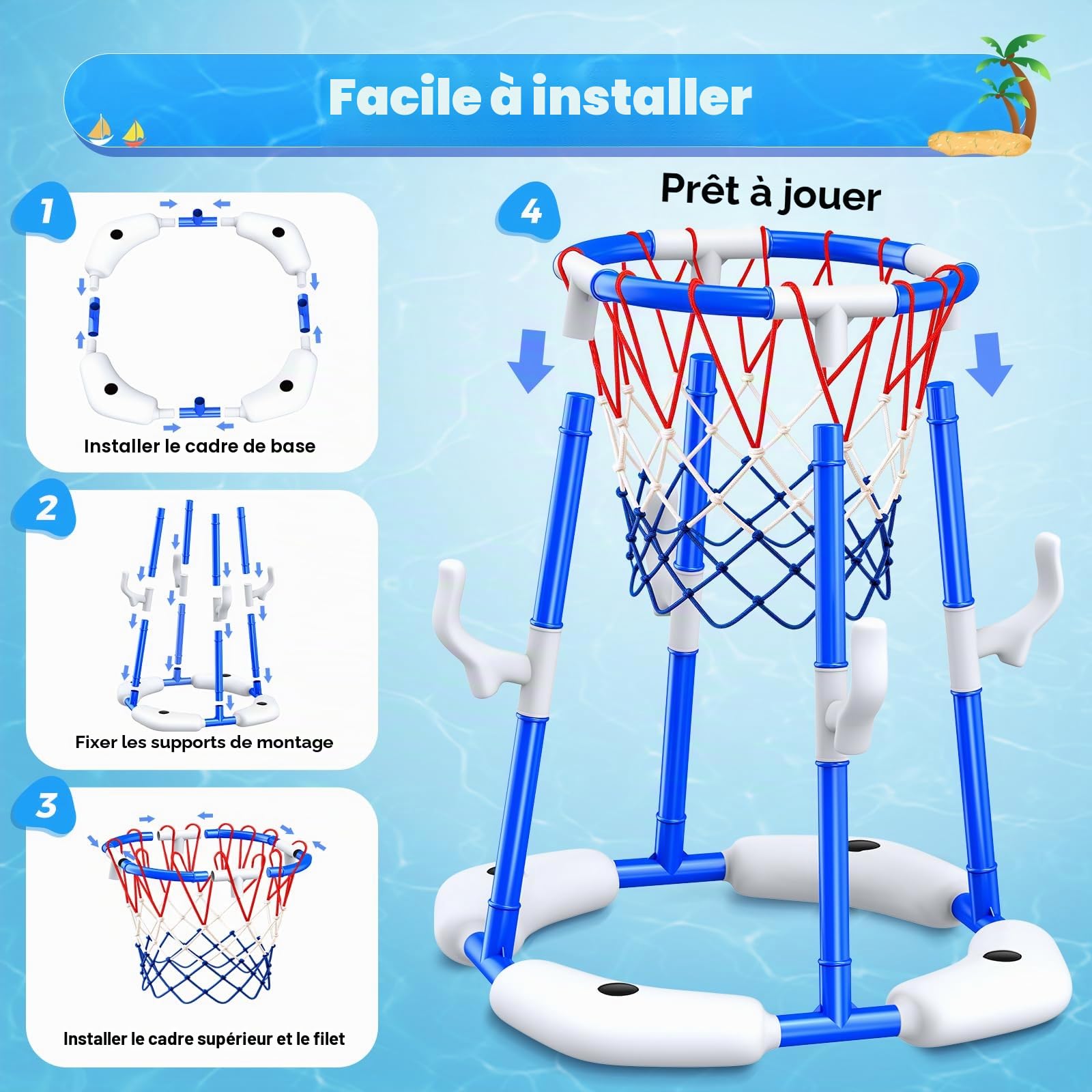 HaoVrisn Panier Basket Piscine 2 en 1, Jeux Piscine pour Enfants, 4 Ballons Flottants + 12 Anneaux + Pompe, Jouet Piscine d'Été pour Famille, Jeu d'Eau Extérieur/Intérieur pour Fête de Piscine