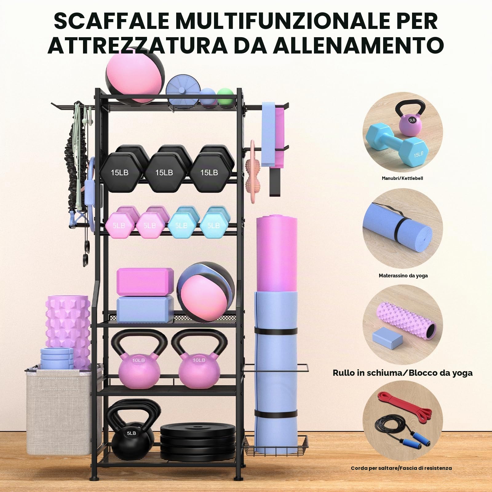 Rastrelliera per manubri, palestra domestica per kettlebell, tappetino da yoga e attrezzature per l'allenamento della forza, rack per pesi con organizer per pioli, attrezzatura da palestra per