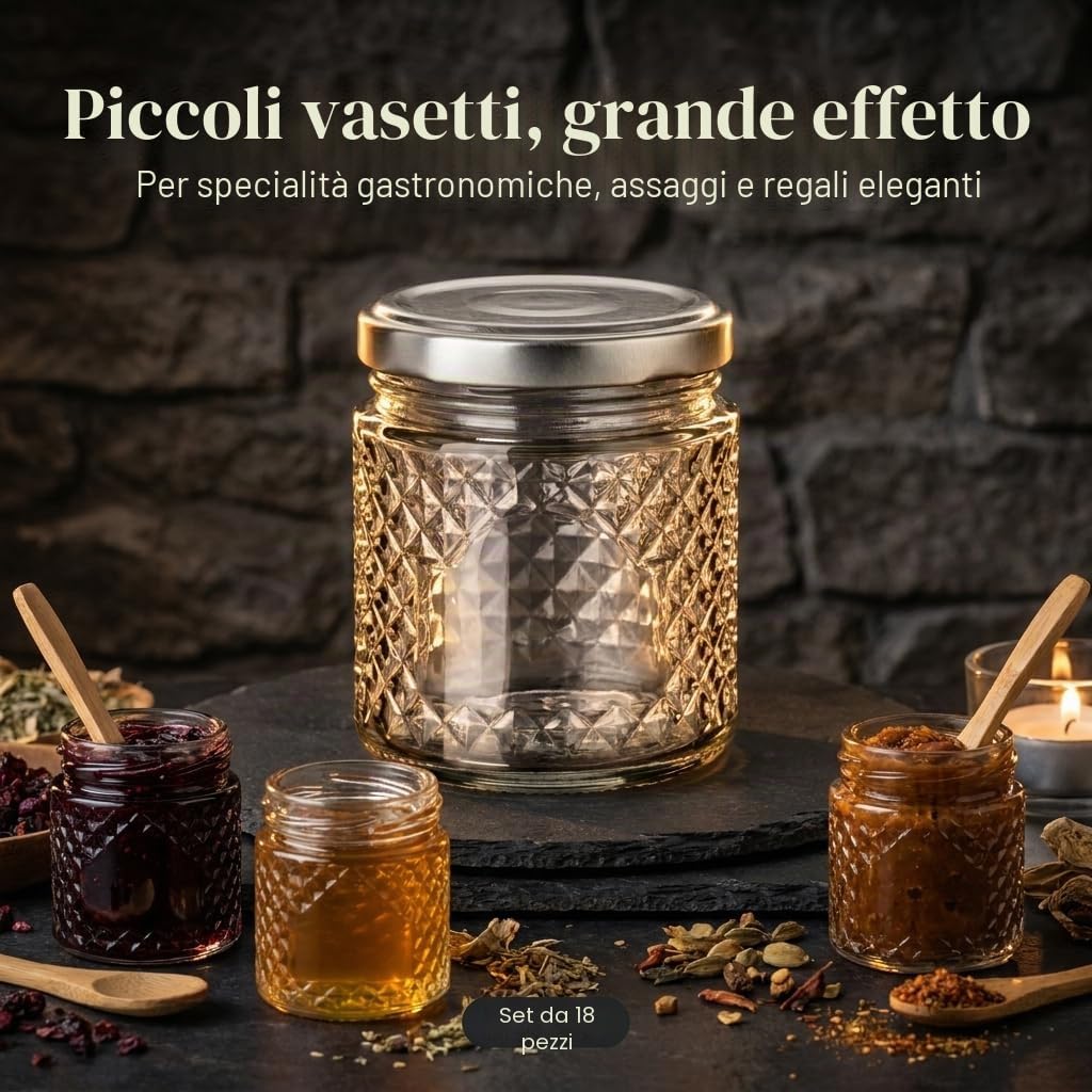 gouveo Set di 18 vasetti 100 ml rotondi in vetro cristallo con coperchio a vite argentato – Vasetti vuoti per conserve e conservazione – Piccoli barattoli decorativi con motivo a diamante (EGK150S)