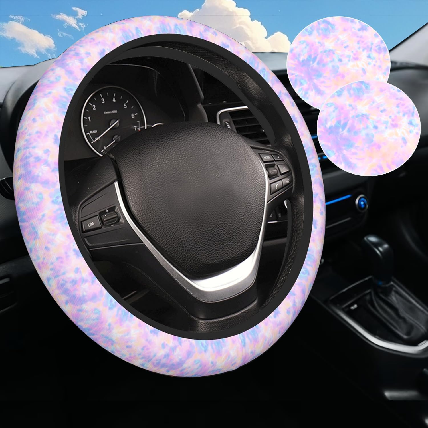Colorful Tie Dye Steering Wheel Cover with 2 Coasters - 15 Inch Steering Wheel Protector Car Accessories Fits Most Cars for Men Women