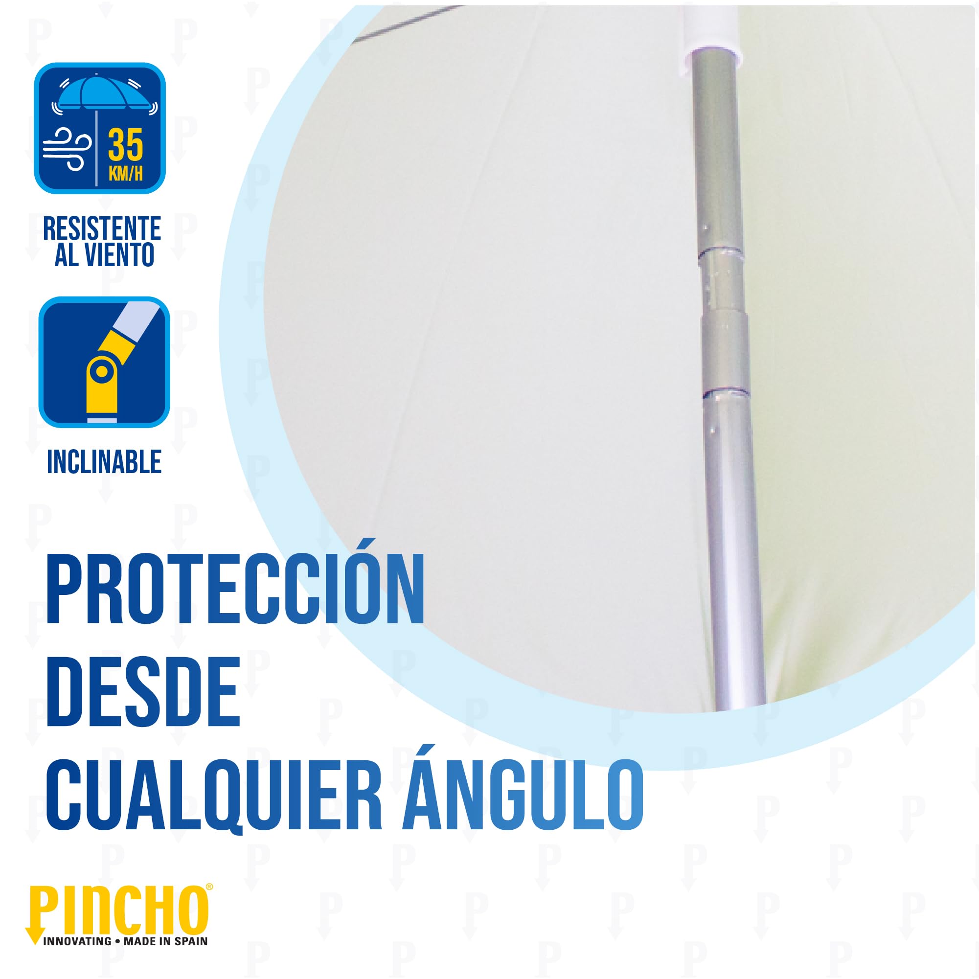 Pincho Grand parasol de plage 200 cm, anti-vent jusqu'à 35 km/h, protection UV 50, aluminium, 8 + 8 baleines, fibre de verre, tube de 28-32 mm, manche inclinable, montage rapide 30 secondes, sac de