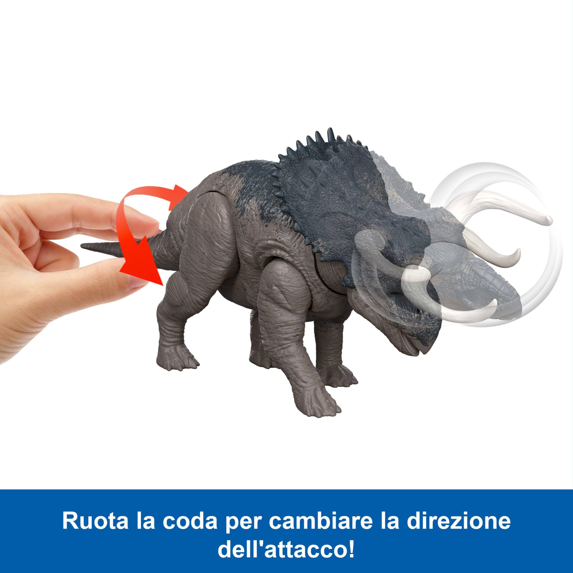Mattel Jurassic World La Rinascinta Nasutoceratopo Ruggito Selvaggio, dinosauro giocattolo con attacco multidirezionale azionato con la coda e suoni, snodato, gioco digitale, JGC81