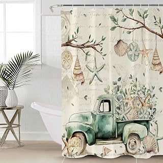DecorLovee Ocean Eucalyptus Shower Curtain, Waterproof Shower Curtains for Bathroom, Spring Country Truck Coastal Starfish Leaf Fabric Bathtub Curtain Set Bath Decor with 12 Hooks Long 72"x84"
