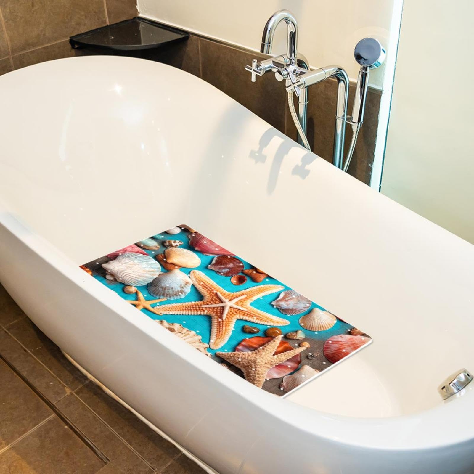 Badematte mit Seestern-Motiv, Duschmatte für Innendusche, rutschfeste PVC-Badewannenmatten für Badezimmer, nasse Duschbereiche (38,5 x 68 cm)