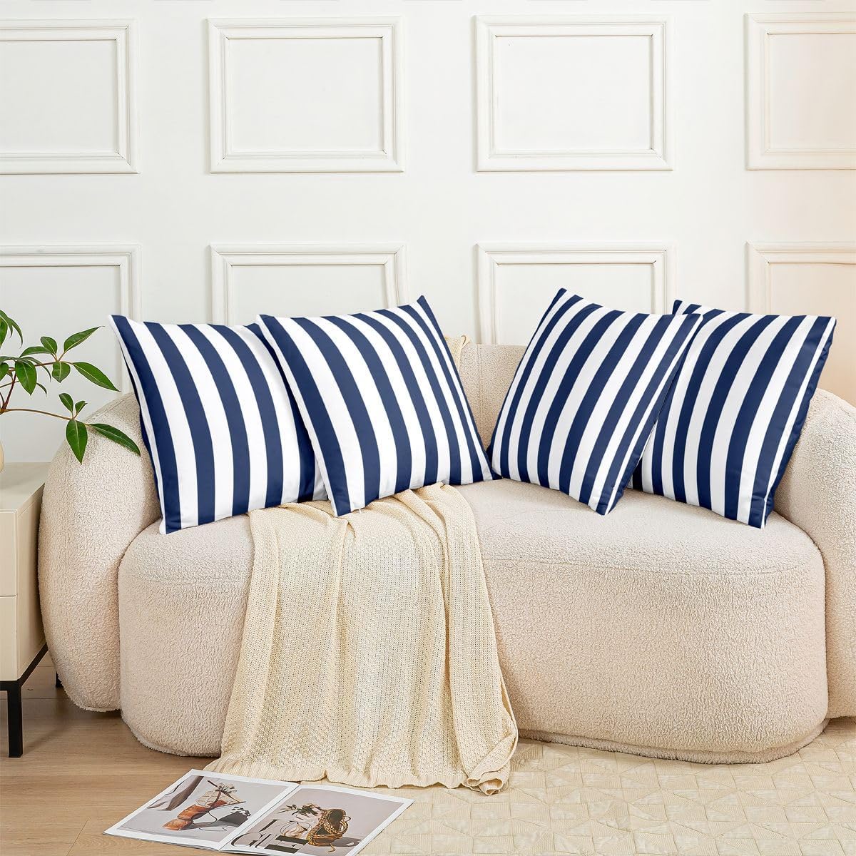 Set Of 4 Blue White Striped Pillow Covers Navy Blue Vertical Stripes Throw Pillow Covers, Hotel Holiday Style Ombre Decor Square Pillow Cases 16"x16" Modern Geometric Lines Cushion Cases For Chair