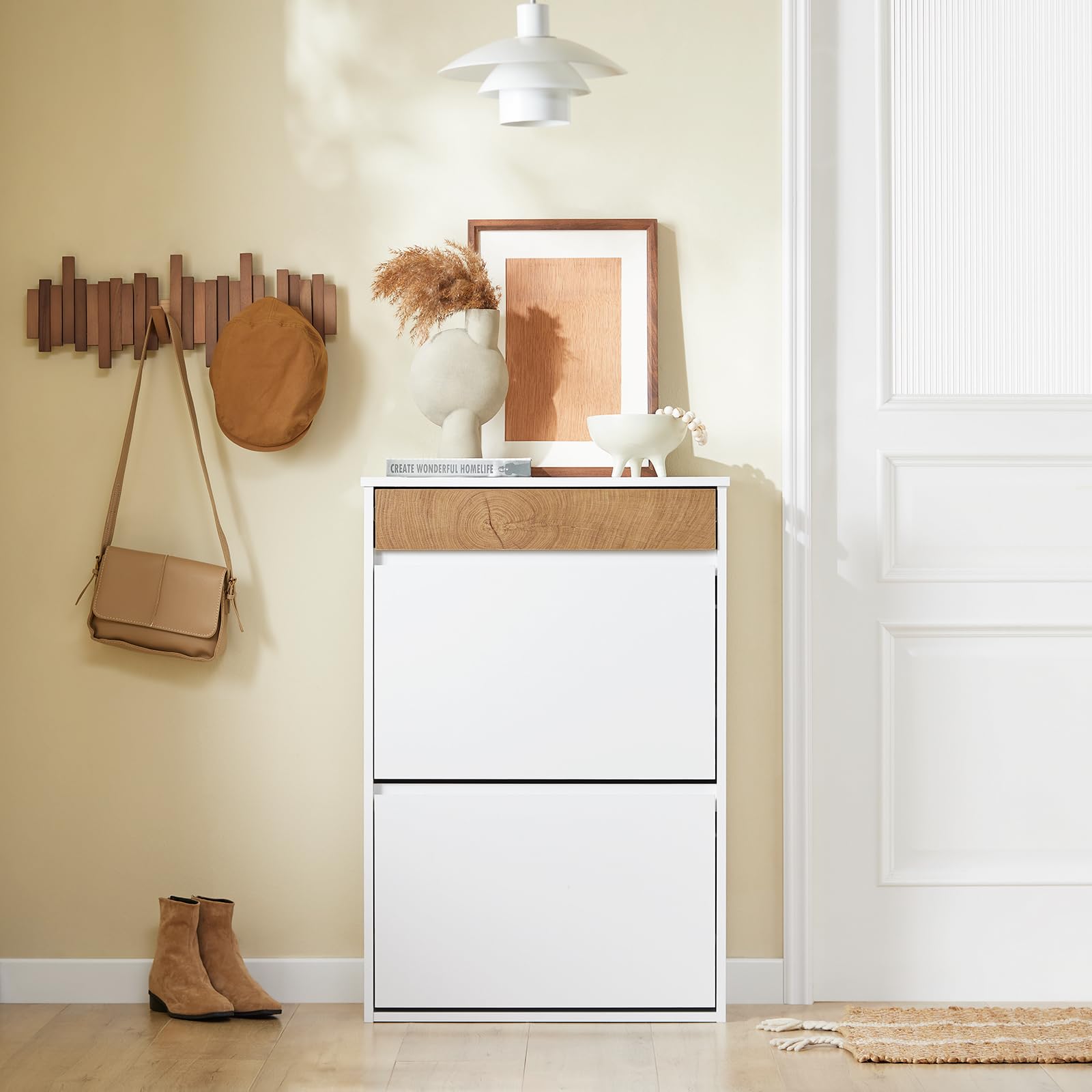 SoBuy Schuhschrank Schmal Hoch – Schuhkipper Schmal mit 2 Klappen & Schublade, platzsparend & modern – Flur Möbel für Eingang, Korridor, Wohnung – 61x26x91cm, Weiß & Holzoptik – FSR205-WN
