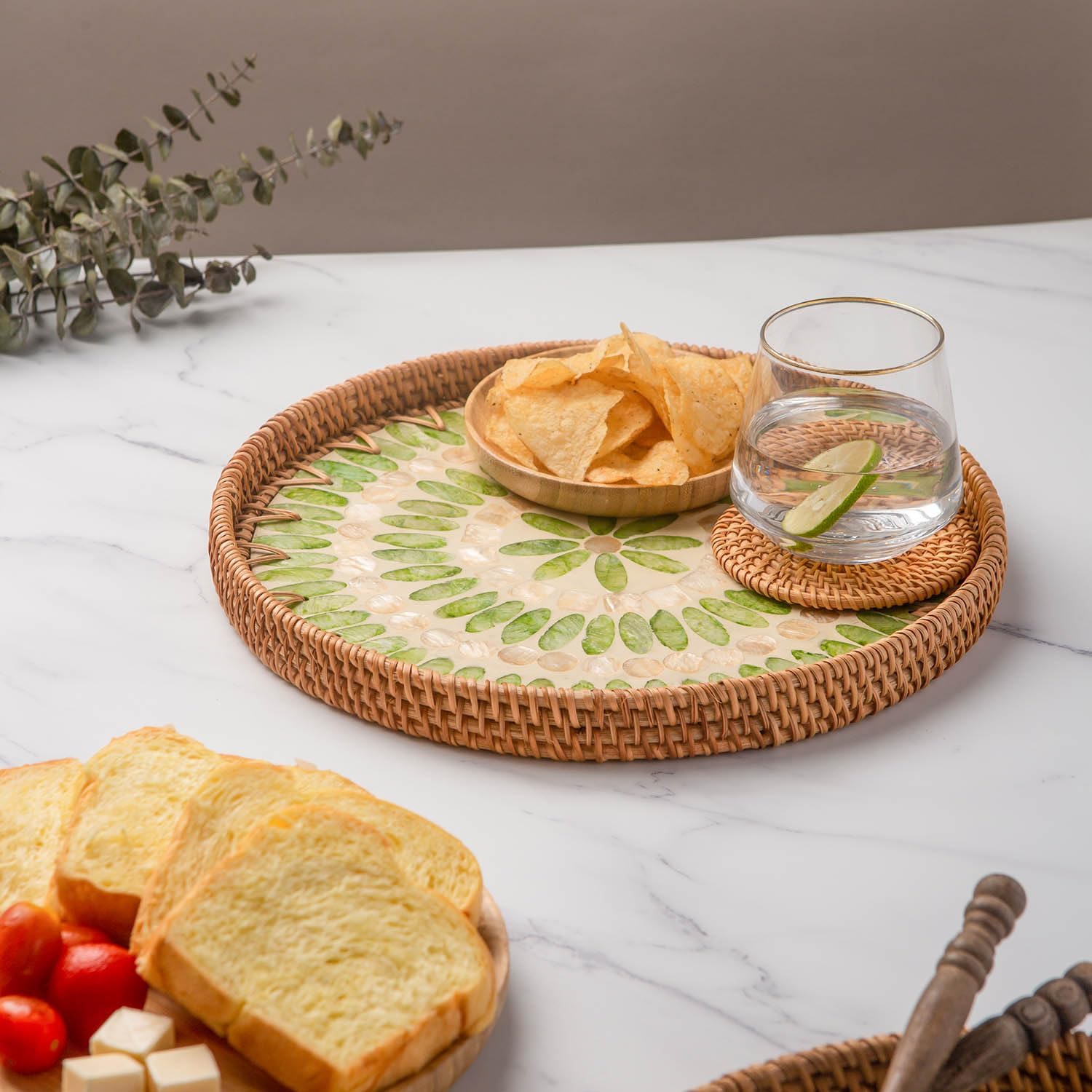 Laquedecarft 11.8" Forest Wicker Round Rattan Mother of Pearl Serving Basket Tray for Décor Coffee Table | Large Boho Circle Woven Decorative Trays for Outdoor, Home, Kitchen Display (Forest) - Image 6