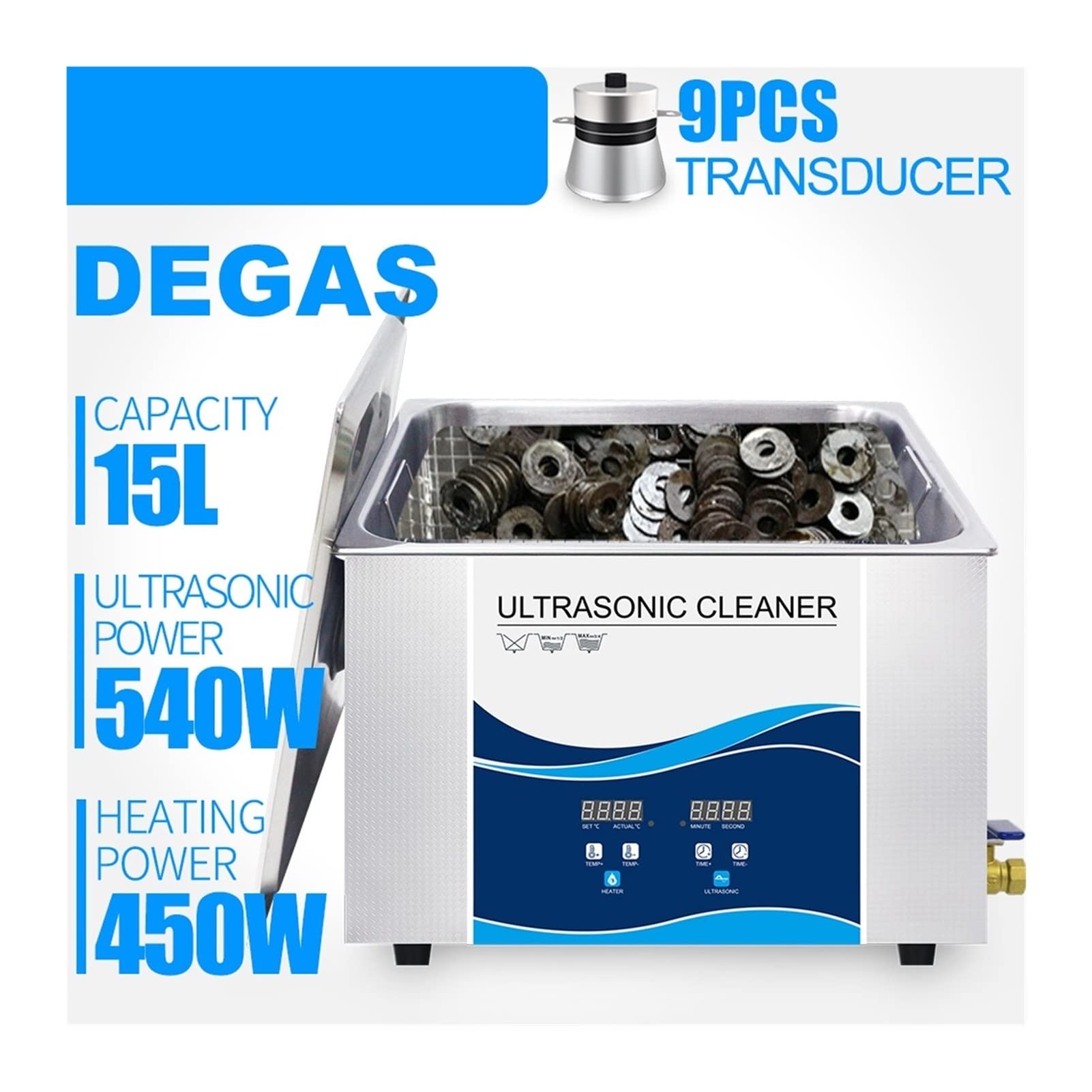 Limpiador ultrasónico Limpiador ultrasónico digital 1 5L 540W Temporizador de calentamiento Transductor piezoeléctrico Solución de laboratorio de inyector de boquilla de 40 kHz para uso diario(360W)